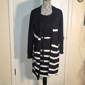 CALVIN KLEIN Sweater Dress Combo Cardigan Sweater Black Striped‎ M Contemporary